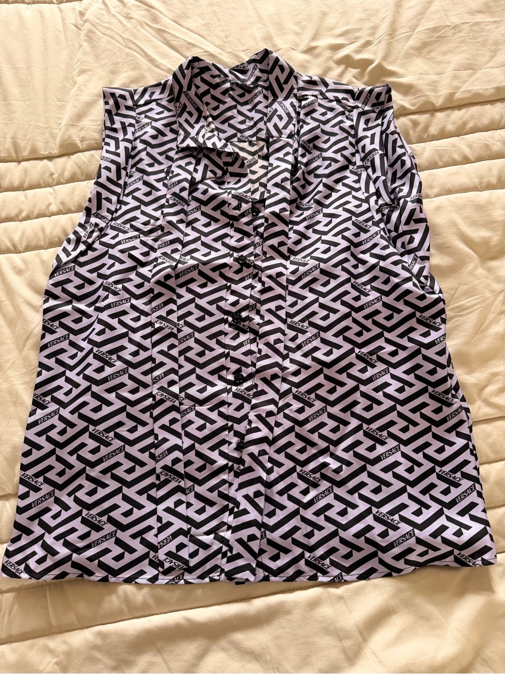 Versace Black and White Sleeveless Logo-Print Button Blouse